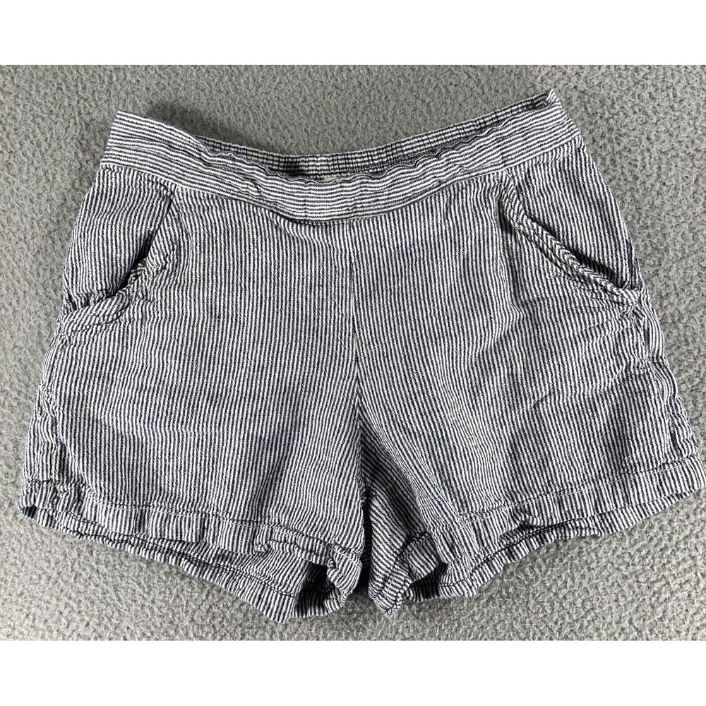 Max Studio Shorts Women‎ L Blue White Striped Linen Blend Elastic Waist Pull On